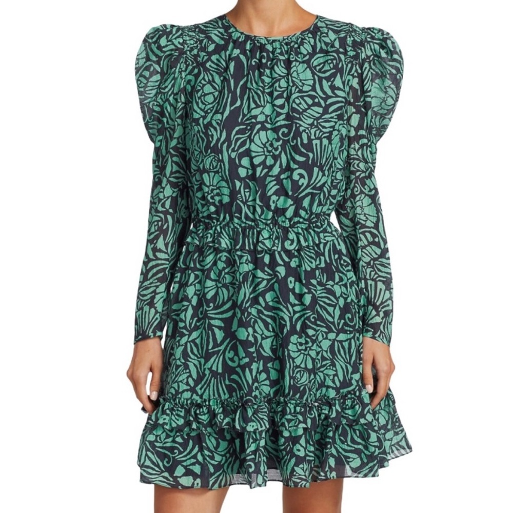 Tanya Taylor Silk Long Sleeve Floral Print Ruffle Telissa Dress in Blue/Green 14